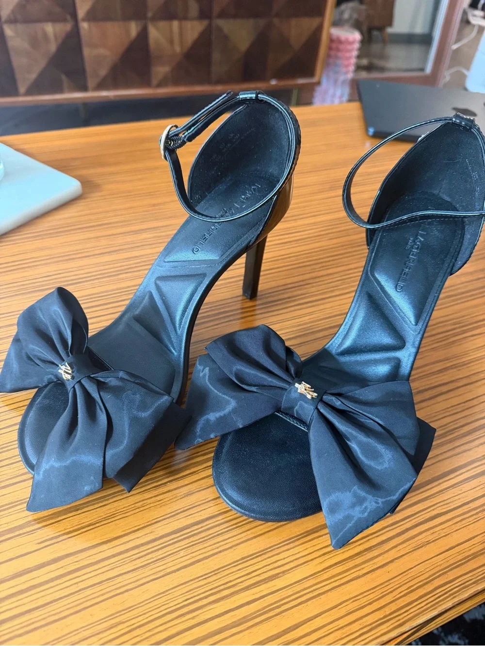 Karl Lagerfeld Black Bow Ankle-Strap Stiletto Sandal